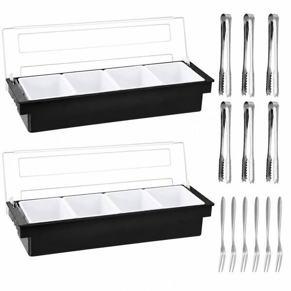 Black ABS 4 Compartment Garnish Tray with Lid Set for Bartender Condiment Service