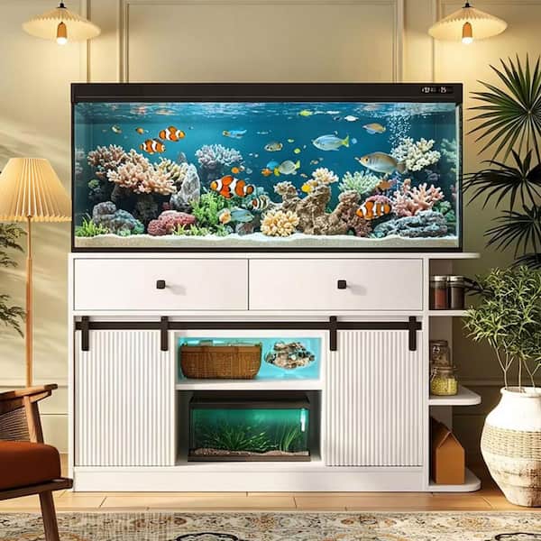 White 55-75 gal. Wood Stand with LED Light and Power Outlets, Fish Tank Stand with 2 Cabinet and Shelves (55.1 in. W)