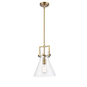 Newton Cone 1-Light Brushed Brass Clear Shaded Pendant Light with Clear Glass Shade