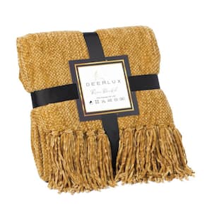 Mustard Decorative Chenille Throw Blanket with Fringe