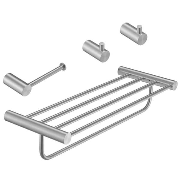 4-Piece Bath Hardware Set with 24 in. Towel Rack, Toilet Paper Holder and Towel Hook in Brushed Nickel