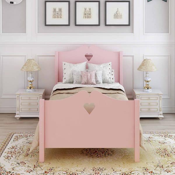 Pink Twin Size Platform Bed Frame, Solid Wood Platform Bed with Headboard and Footboard, Wood Slat Support for Kids