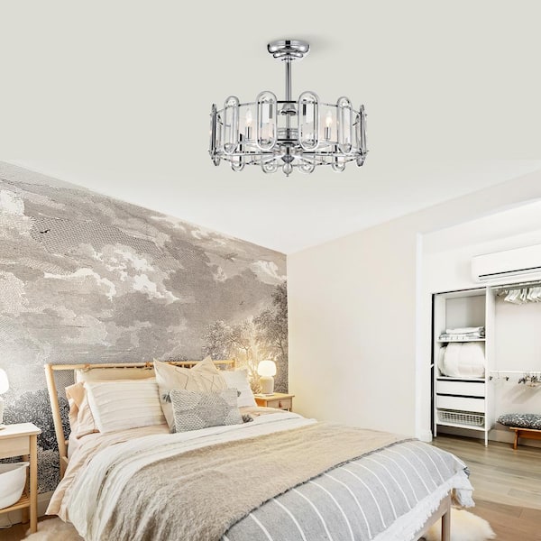 26 in. Smart Indoor Chrome Low Profile Standard Crystal Chandelier Ceiling Fan Vintage Fandelier Flush Mounted Invisible