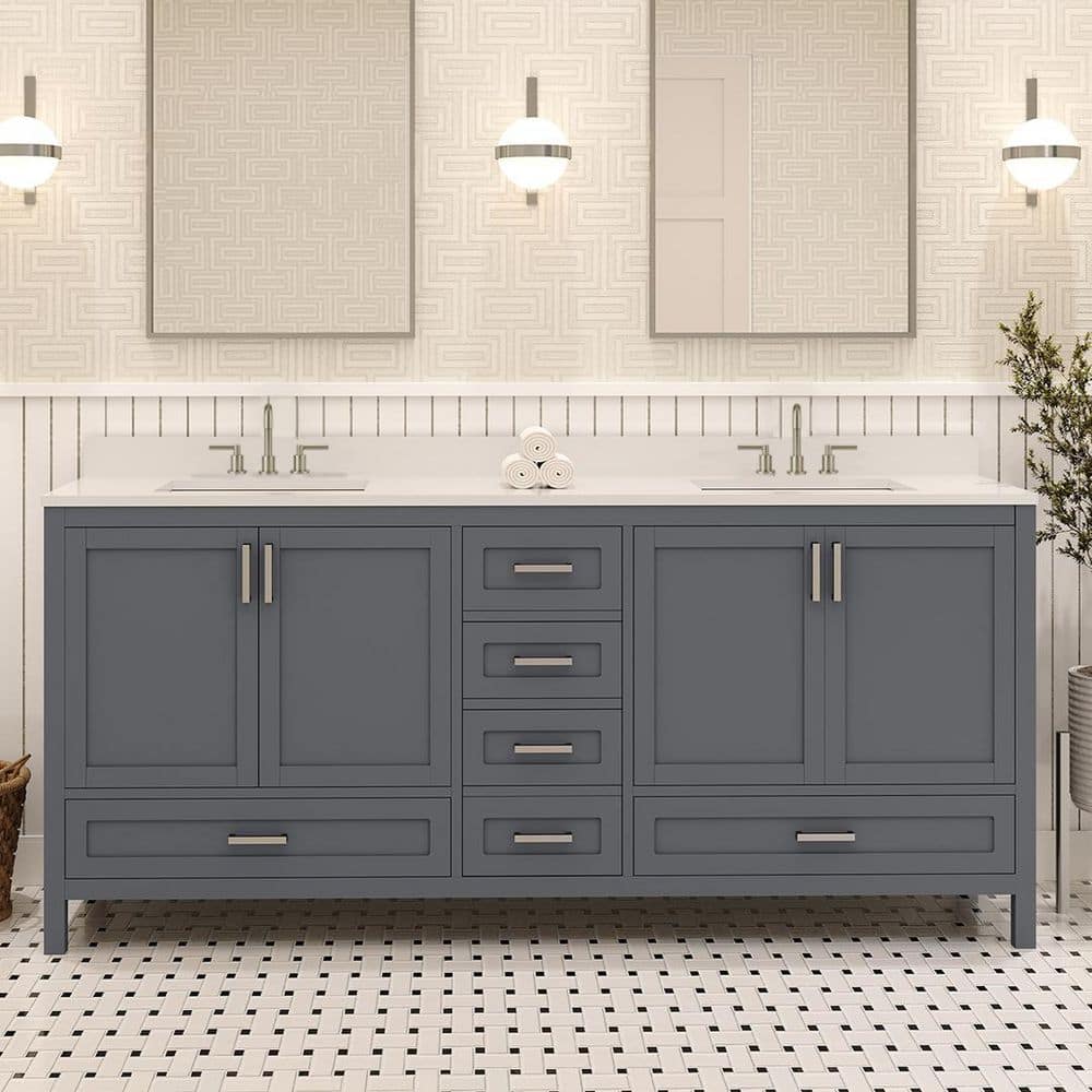 Rooh 72 in. Double Sink Freestanding Charcoal Grey Bath Vanity with White Quartz Top Assembled price history on PriceWatchPro