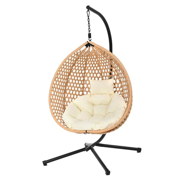 Brown Wicker Hammock Patio Swing Chair with Stand, Hanging Egg Chair Indoor Outdoor Swing chairs with Beige Cushion