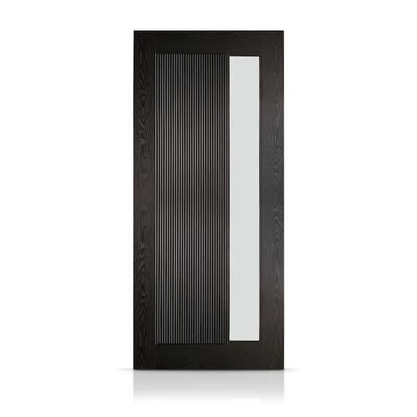 36 in. x 80 in. Reversible Decorative Glass Black Modern Exterior Fiberglass Front Door Slab