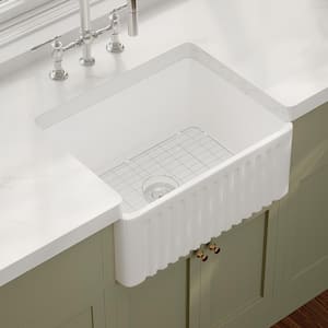 Brooklyn 24 in. W x 18 in. D Single Bowl Farmhouse Apron Kitchen Sink with Bottom Grids and Strainer in White Ceramic