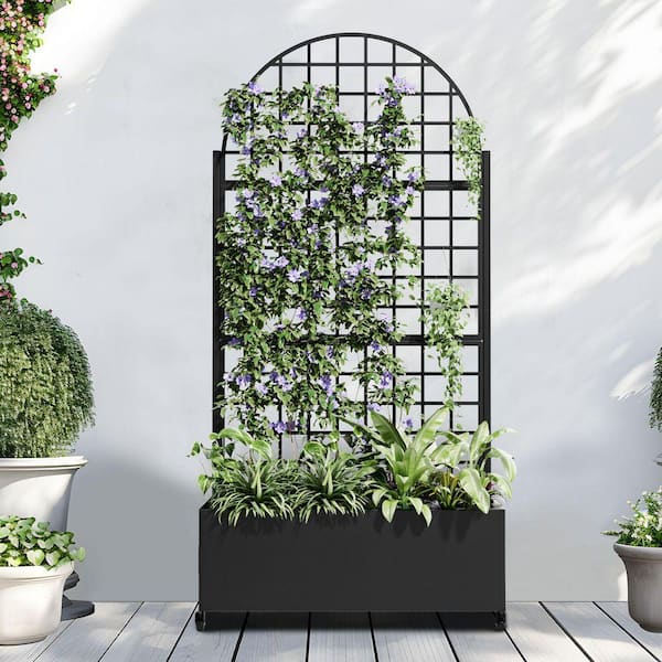 71 in. x 35 in. Black Outdoor Metal Privacy Screen Planter Box Wall Decor