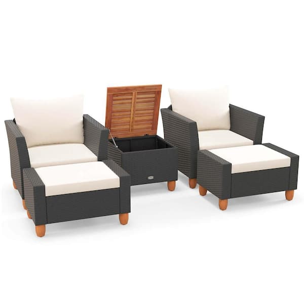 5-Piece Wicker Patio Conversation Set with Storage Table Ottomans Soft Pillows and White Cushions