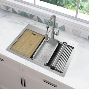 Professional Zero Radius 30 in. Drop-In Single Bowl 16 Gauge Stainless Steel Workstation Kitchen Sink with Accessories