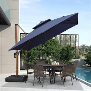 10 ft. Sunbrella Aluminum Square 360-Degree Rotation Wood Pattern Cantilever Outdoor Patio Umbrella With Stand,Navy Blue