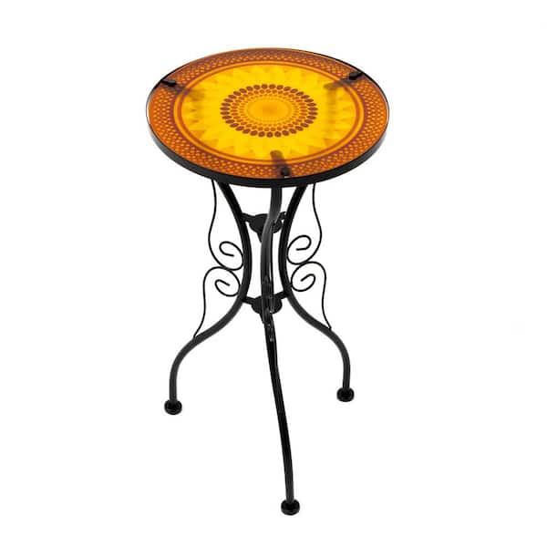 Trademark Innovations 22 in. Sunflower Design Glass and Metal Outdoor Side Table