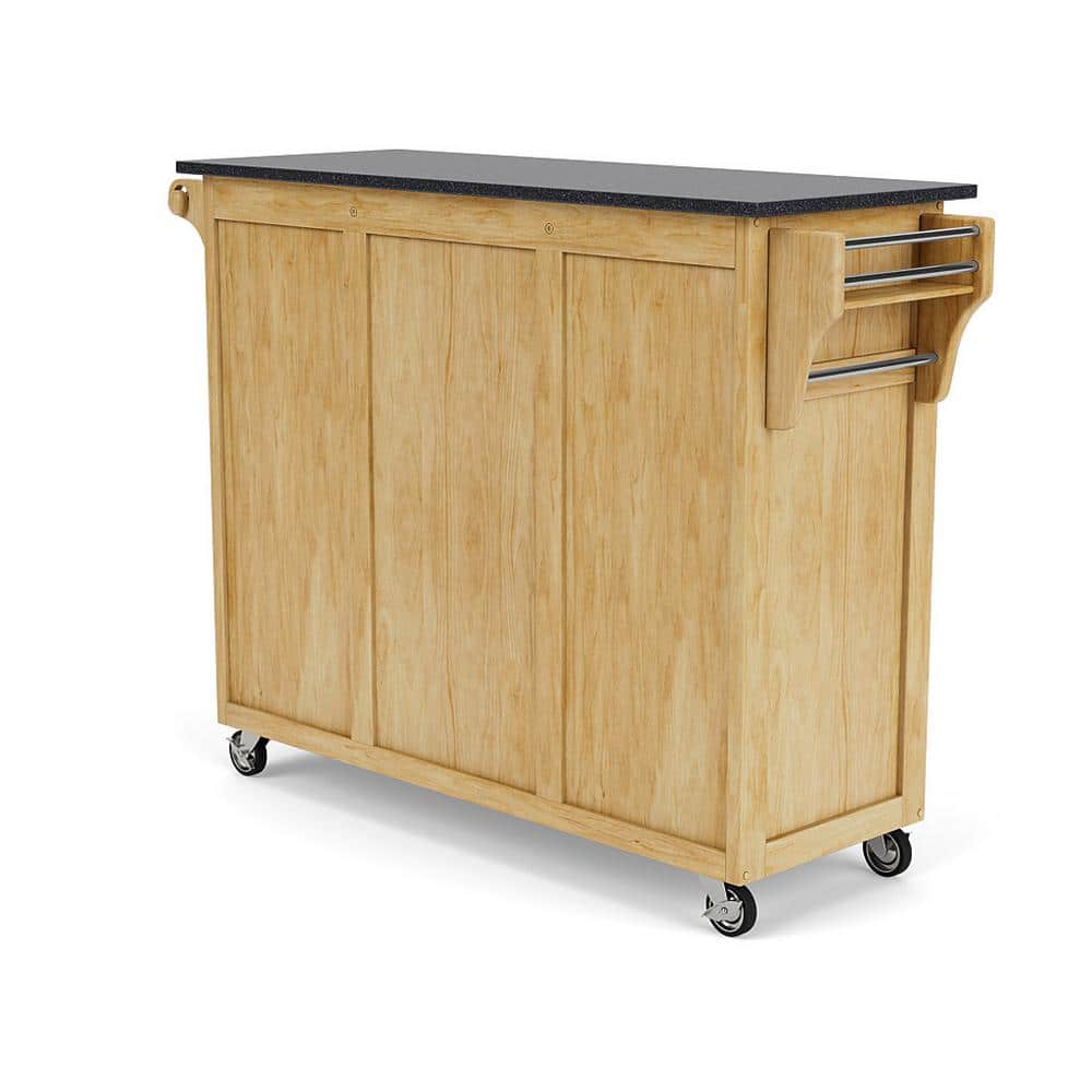 Natural Wood Kitchen Cart with Black Granite Top and Storage