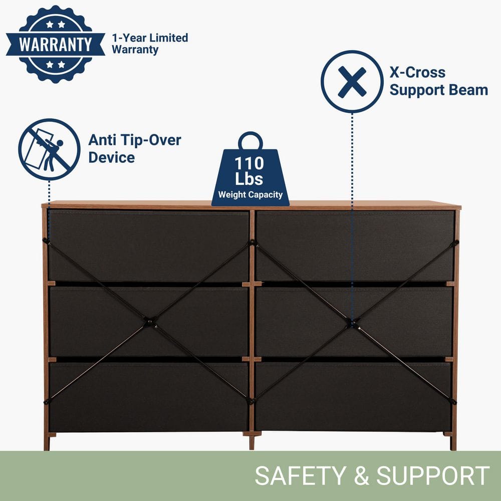 Walnut Brown 6-Drawer Double Dresser with Fabric Bins