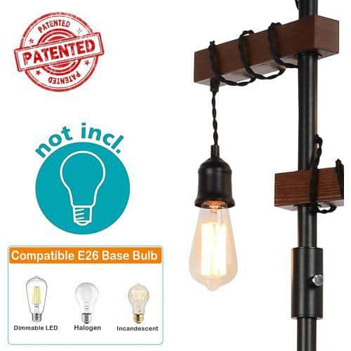 68 Inch Black Metal and Wood Tree Floor Lamp with Dimmable Lights