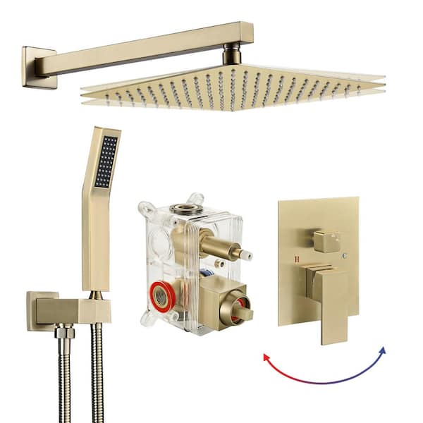 Zalerock Rainfall 1-Spray Square 10 in. Shower System Wall Bar Shower Kit with Hand Shower in Brushed Gold (Valve Included)