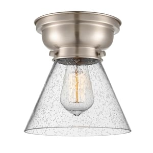Cone 7.75 in. 1-Light Brushed Satin Nickel Flush Mount with Seedy Glass Shade