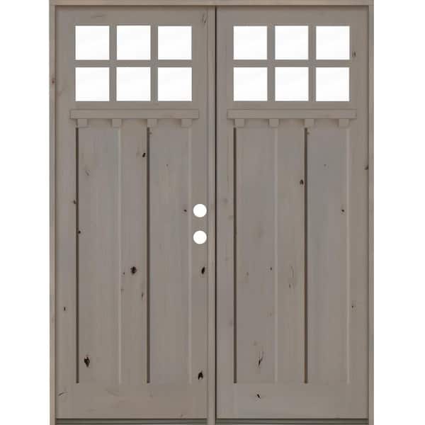 Krosswood Doors 72 in. x 96 in. Craftsman Left-Hand Inswing 1/4 Lite Clear Glass Grey Stain/Dentil Wood Shelf Double Prehung Front Door