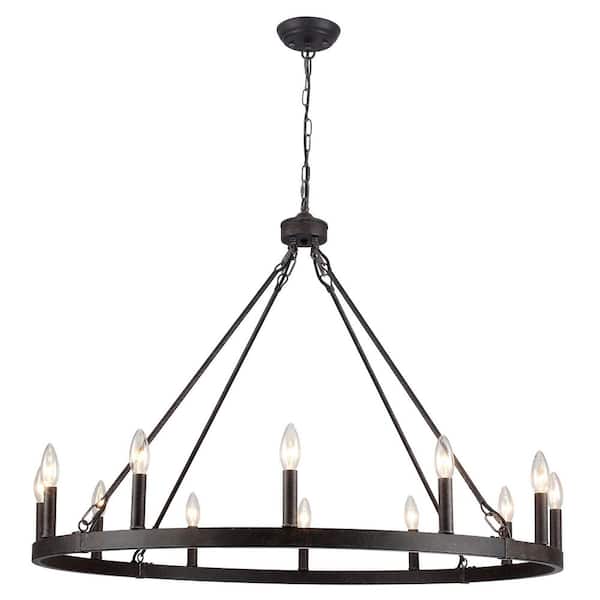 LWYTJO Dineen 12-Light Antique Distressed Brown Candle Style Wagon Wheel Chandelier Vintage Rustic Adjustable Hanging Light