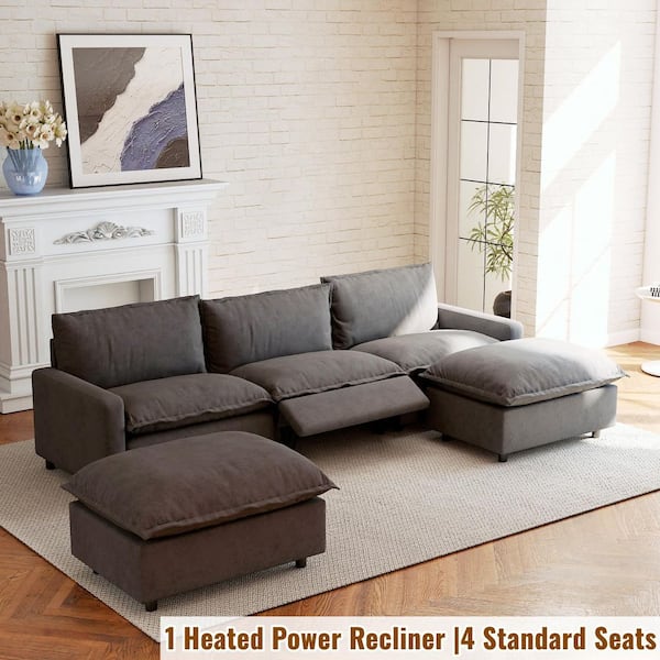 Power Recliner 116 in. Square Arm Linen 5-Piece U-Shaped Modular Sectional Sofa with Heating, Ottoman in Gray