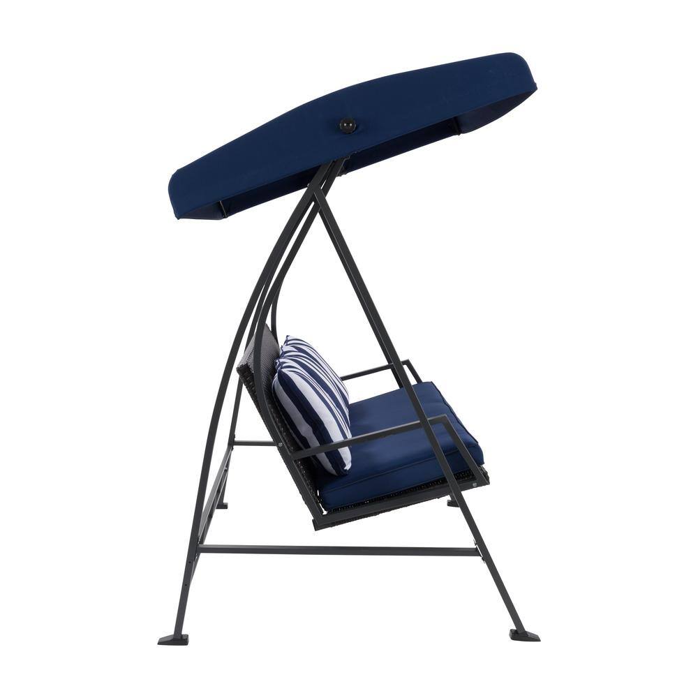 Flora Navy Blue 3-Seat Metal Patio Swing with Canopy and Striped Pillows