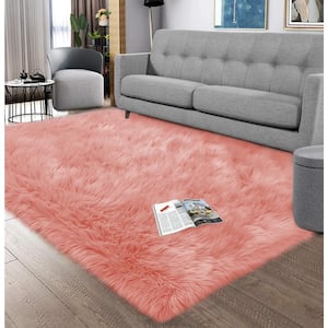 Sheepskin Faux Furry Pink Fluffy Rugs 5 ft. x 6 ft. 6 in. Area Rug