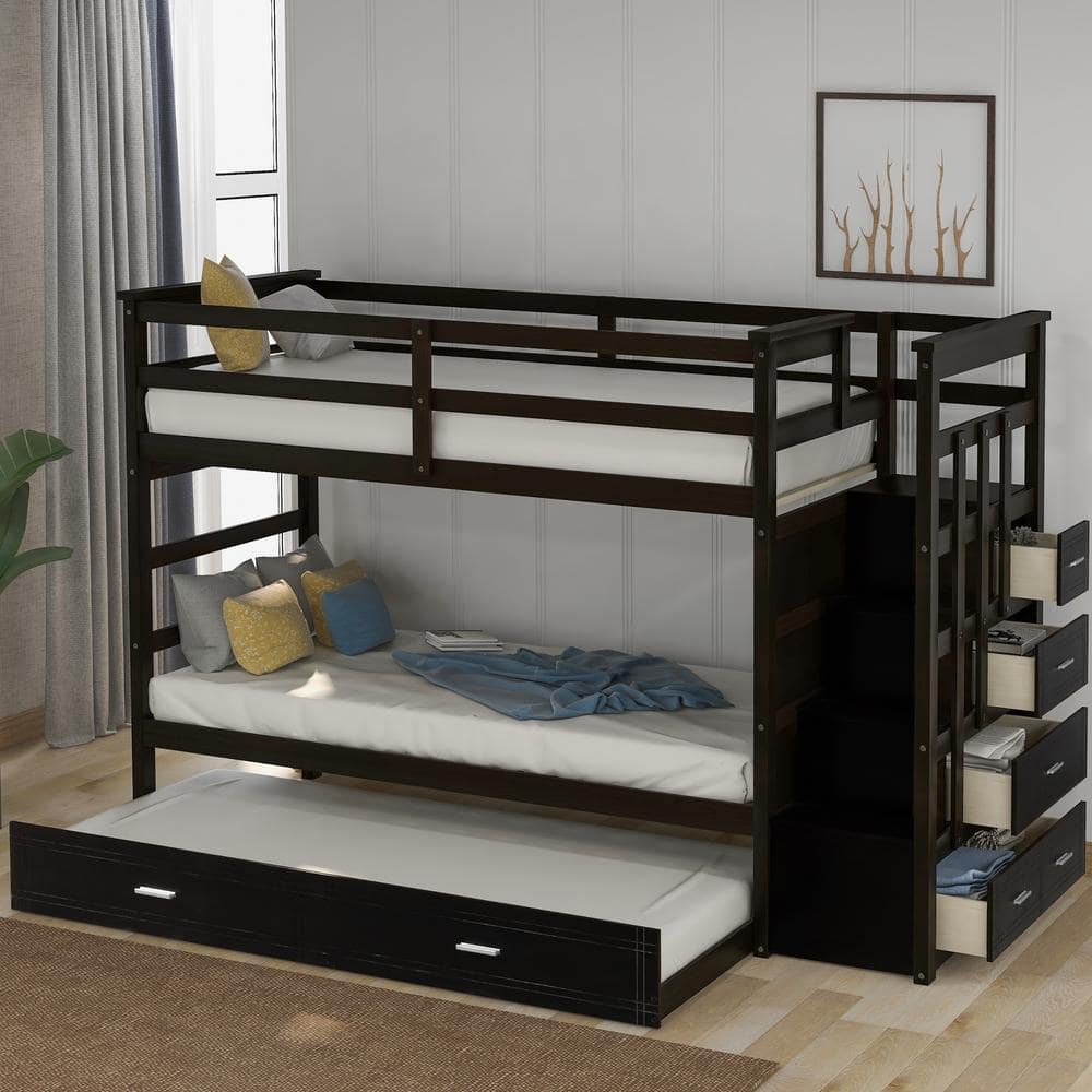 Harper & Bright Designs Espresso Twin Over Twin Wood Bunk Bed with ...