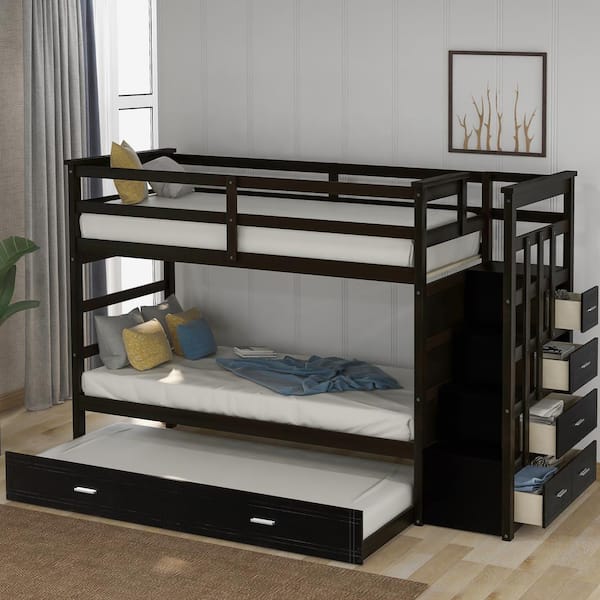 Harper Bright Designs Espresso Twin, Twin Over Bunk Beds With Trundle And Stairs