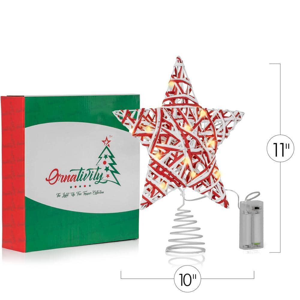 Red and White Rattan Star Tree Topper with LED Lights