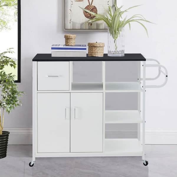 FUNKOL White Kitchen Cart with 2 Doors, 1 Drawer and Open Storage Space