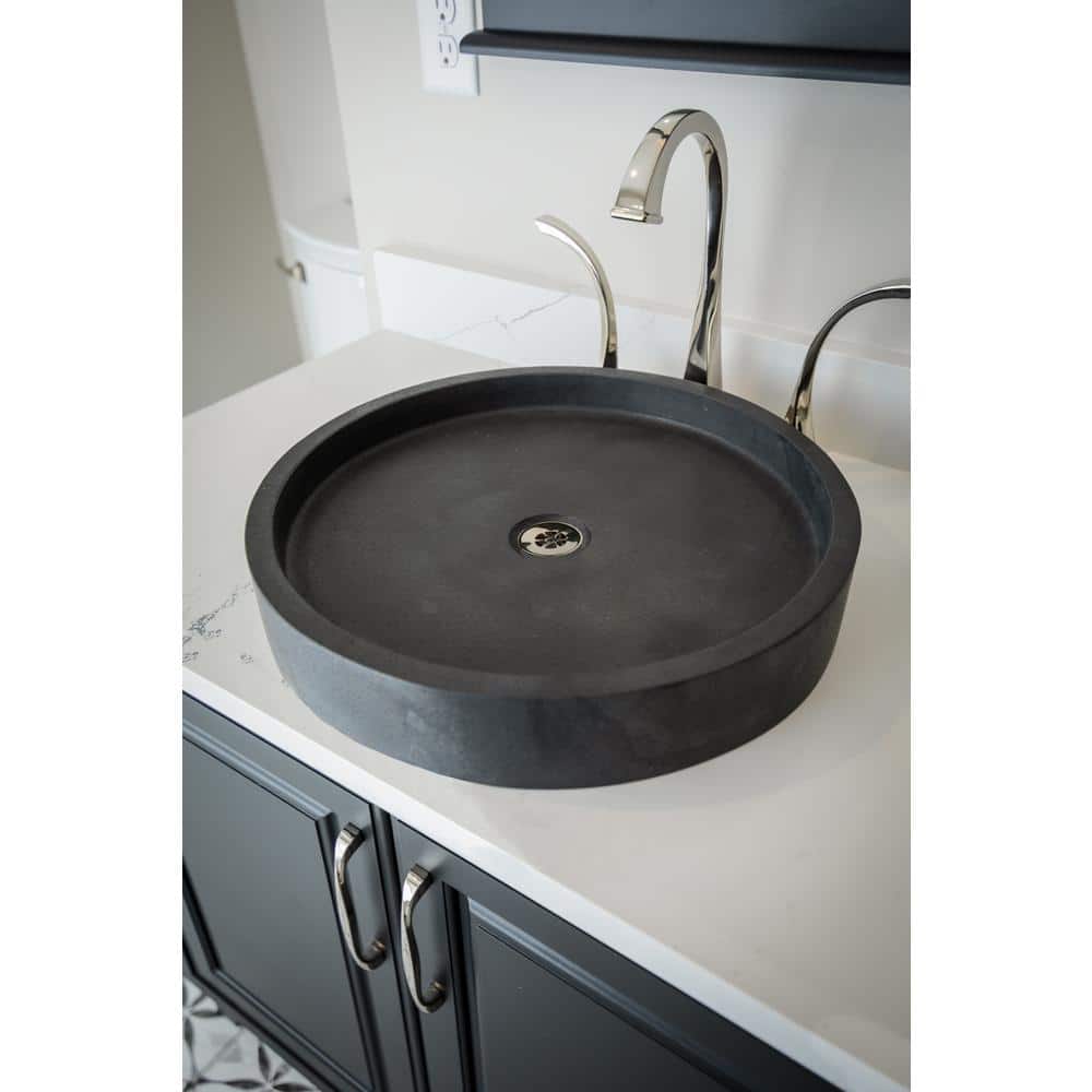 Sleek Honed Black Lava Stone 18'' Circular Vessel Bathroom Sink