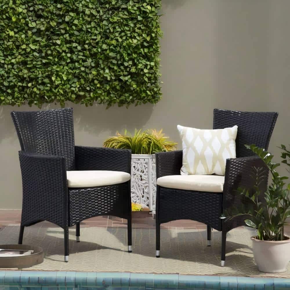 Clementine Wicker Outdoor Dining Chair with Beige Cushion (Set of 2)