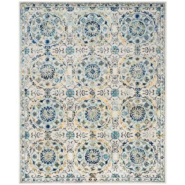 Evoke Ivory/Blue 9 ft. x 12 ft. Floral Border Circles Area Rug