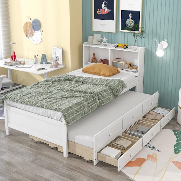 GODEER White Wood Frame Twin Platform Bed with Bookcase Twin Trundle Drawers