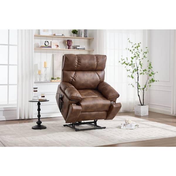 Vanessa Oversized Brown Upholstered Faux Leather Power Lift Recliner with Heat Massage, Cup Holders, Power Remote