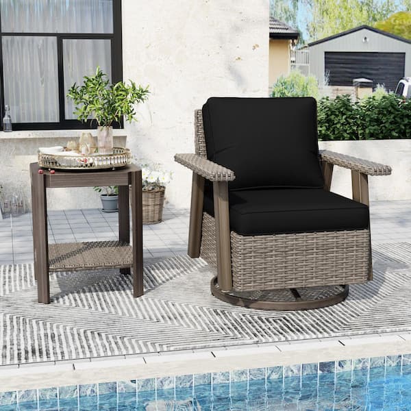 Esunny Beige Wicker Frame Outdoor Rocking Chair Patio Swivel Chair Lounge Chair with Black Cushions and 1 Side Table