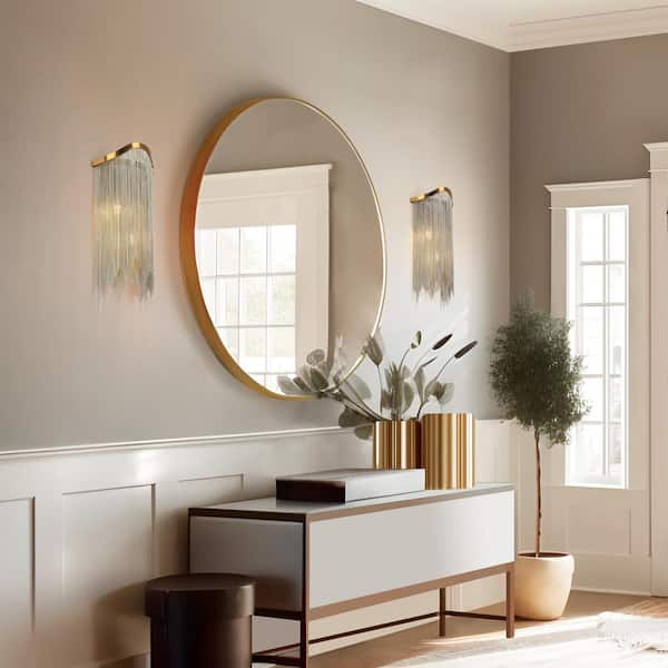 Veils 2-Light Plated Brass Chain Tassel Wall Sconce with Silver Fringe for Living Room, Modern Bathroom Vanity Lighting