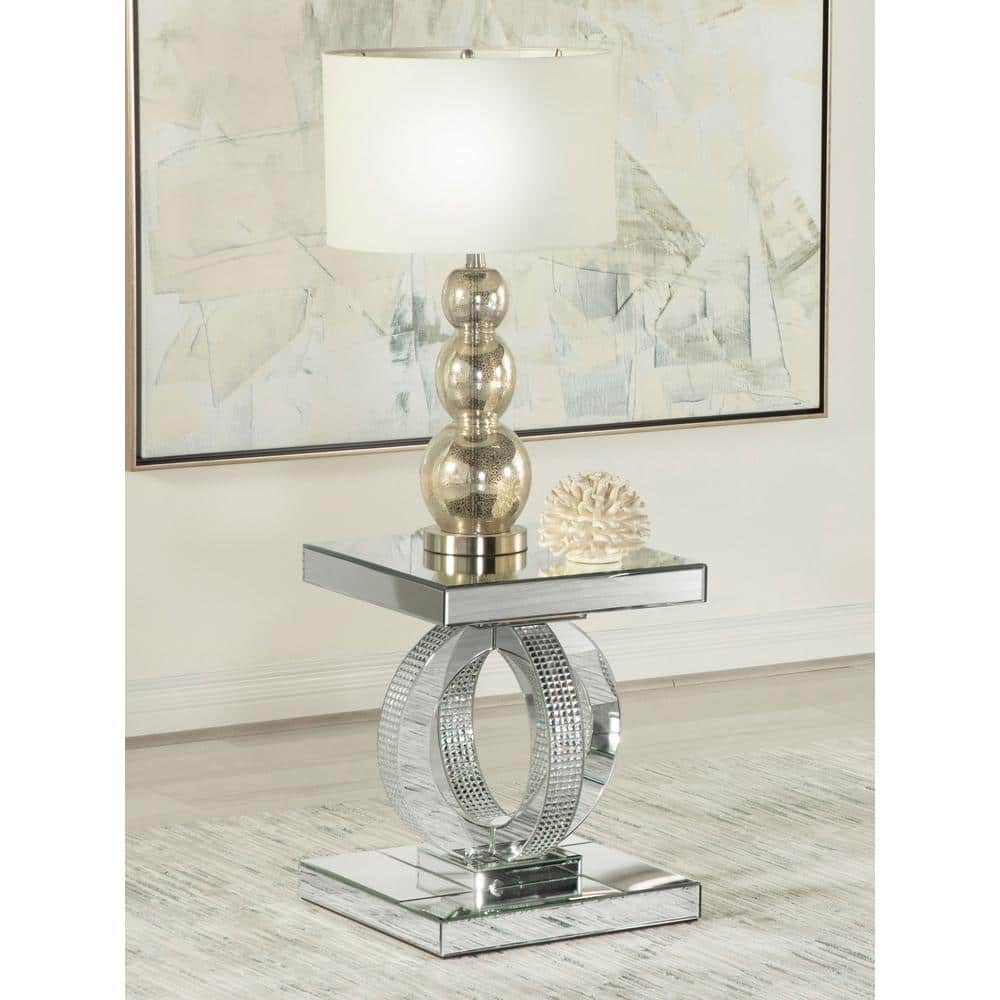 Silver Mirrored Glass Square End Table with Rings Base