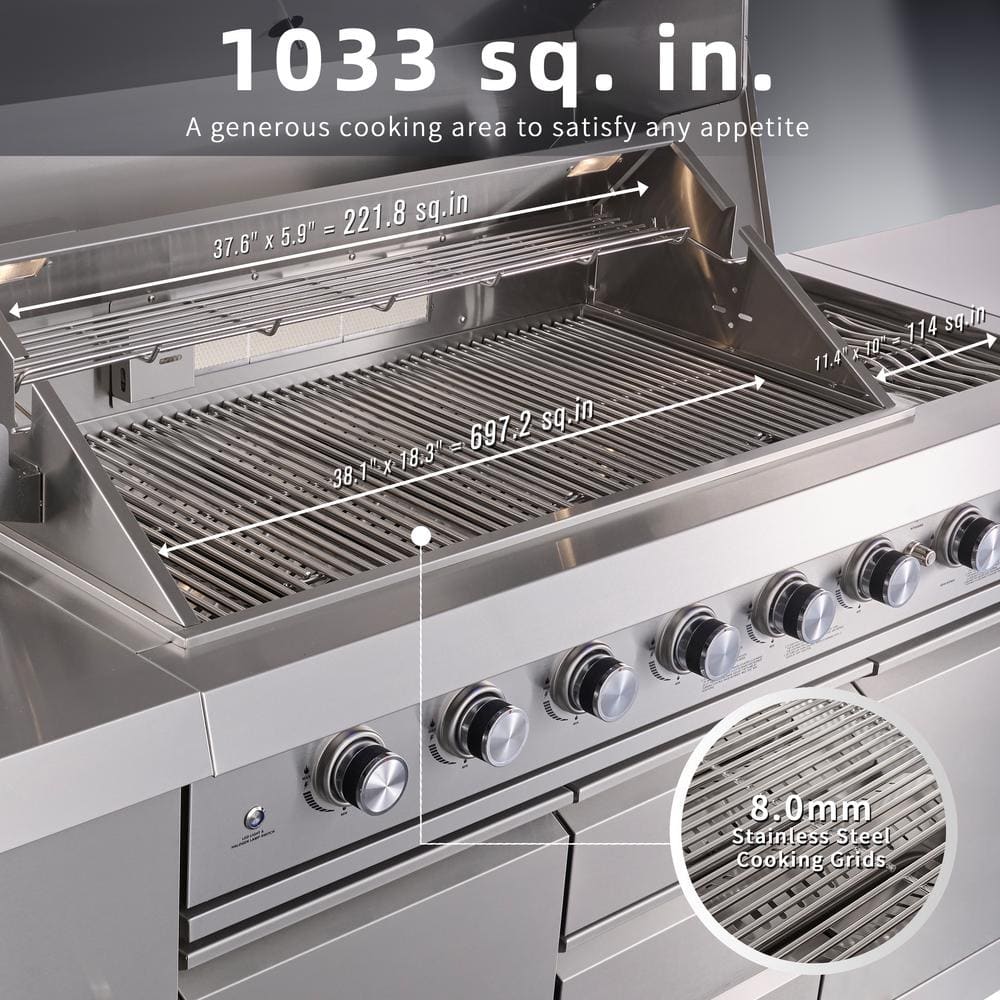 Stainless Steel 6-Burner Propane Grill Island with Rotisserie and Refrigerator
