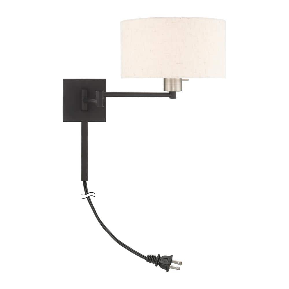 Black Steel Swing Arm Wall Lamp with Oatmeal Fabric Shade