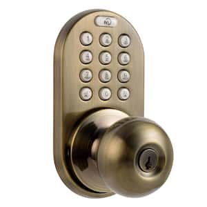 Antique Brass Single-Cylinder Electronic Door Knob with Keyless Back-Lit Keypad Entry