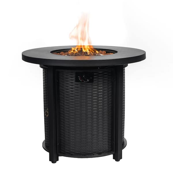 Mondawe Black 30 in. 40000 BTU Round Steel Propane Outdoor Patio Fire Table with Lid and Lava Rocks