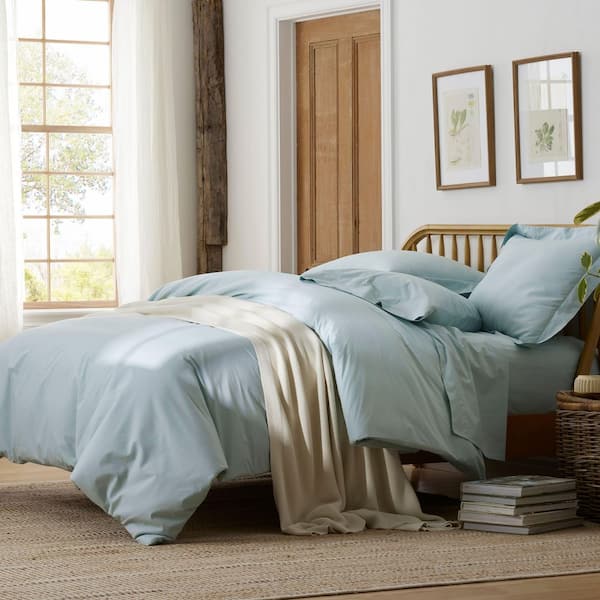 Company Cotton Garment Wash Cloud Blue Cotton Percale Queen Fitted Sheet