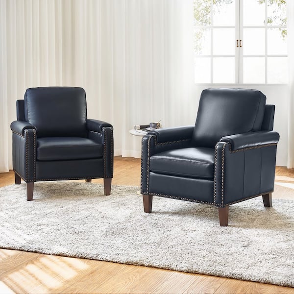 JAYDEN CREATION Leander Navy Genuine Leather Armchair Set of 2 with Removable Cushion and Nailhead Trims