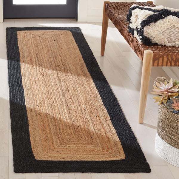 Natural Fiber Beige/Black 2 ft. x 6 ft. Woven Border Runner Rug