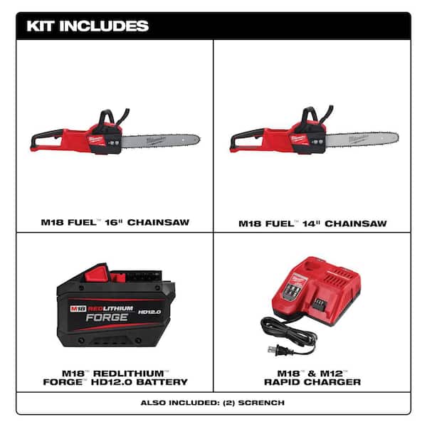 M18 FUEL 14 in. 18V Lithium-Ion Electric Battery Chainsaw, 16 in. Electric Chainsaw, 12AH  Combo (2-Tool)