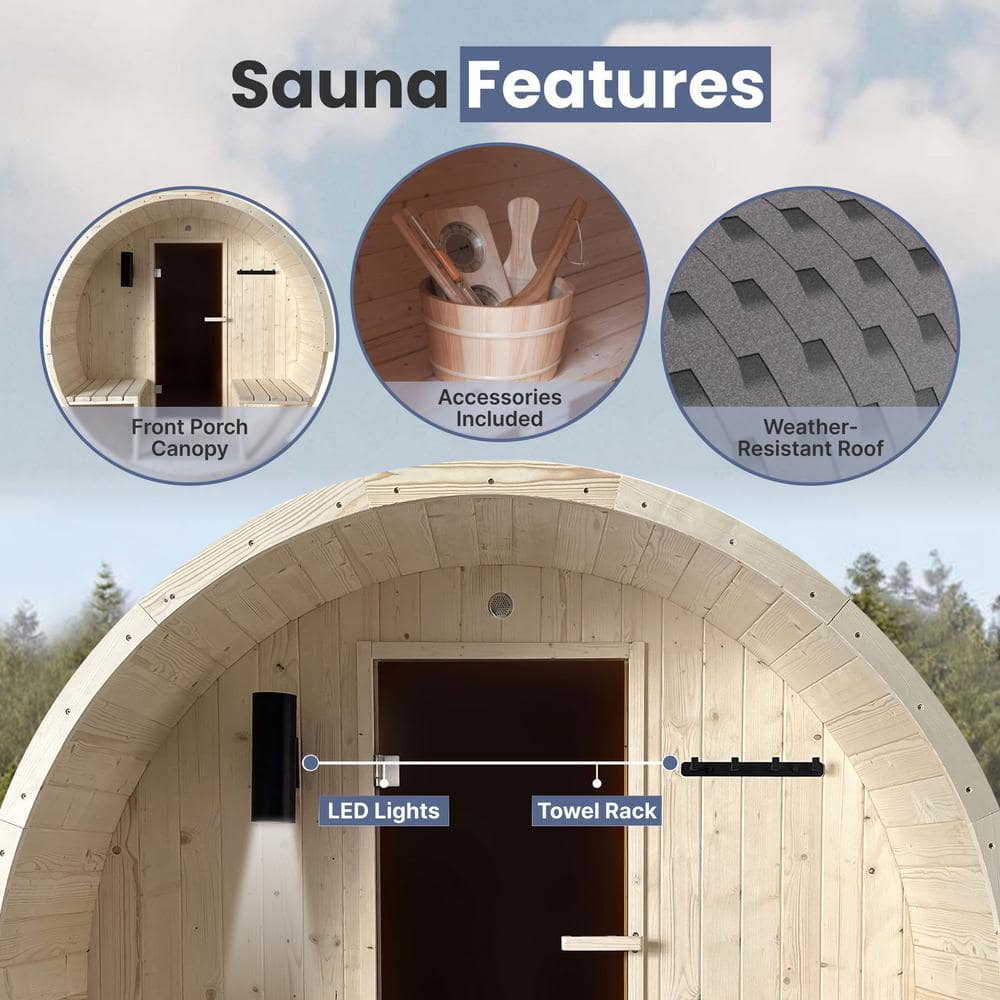 White Pine 8-Person Barrel Sauna with 9 kW Heater