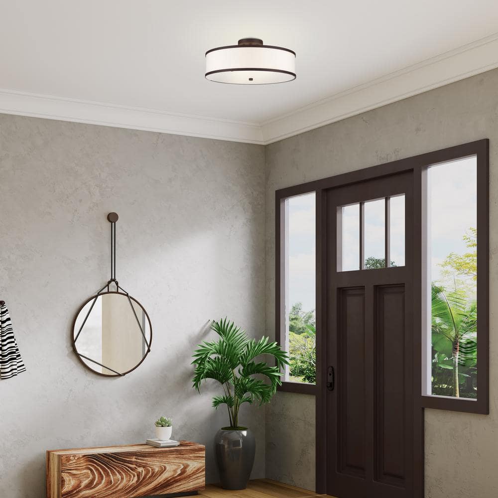 Bronze Contemporary 3-Light Semi-Flush Mount with Off-White Fabric Shade