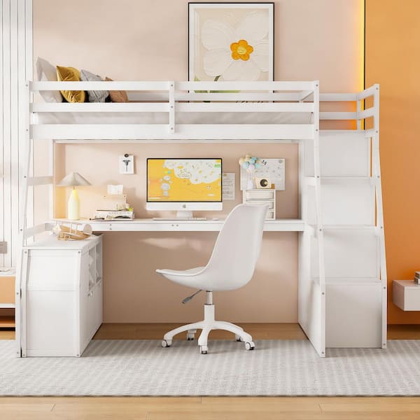 Full Size Loft Bed with 7 Drawers 2 Shelves and Desk - White