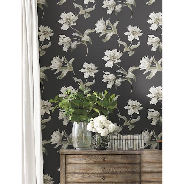 Black Large Parrot Tulip Non Woven Peel and Stick Wallpaper